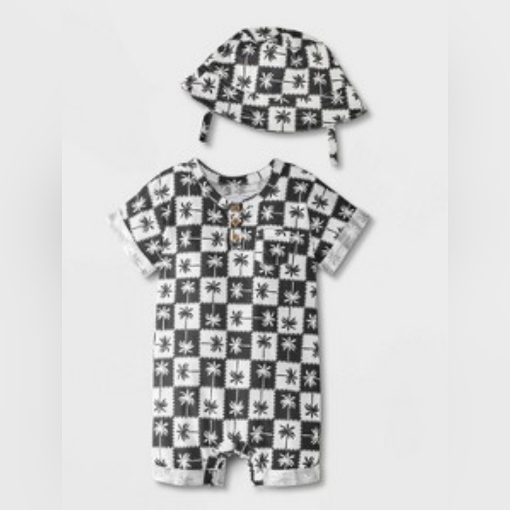 📢 NWT Grayson Mini Palm Tree Patterned Romper and Hat Set (Size: 0-3M)